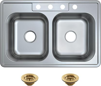 Kingston KGKTD332287 Kitchen Sink, Brushed Stainless Steel/Brushed Brass