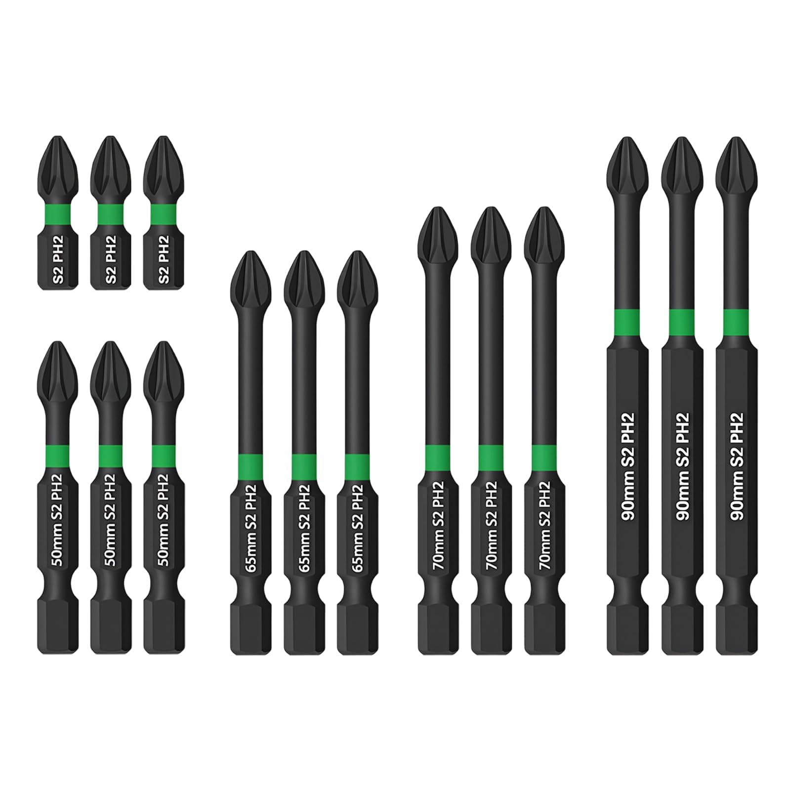 15PCS PZ2 Magnetic Impact Driver Bits, Heavy Duty Long Pozidriv Screwdriver Bit Set with 25mm 50mm 65mm 70mm 90mm, PZ2 Impact Driver Bits Magnetic Drill Bits S2 Steel Long Driver Bits