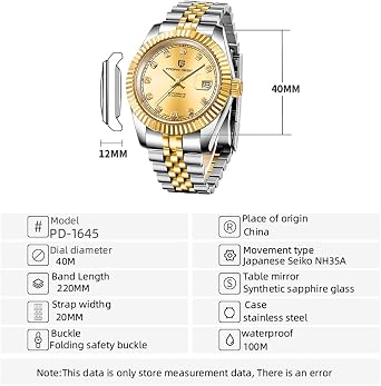Pagani Design Automatic Watch, 40mm Stainless Steel Case, Date Display, NH35 Movement, 100m Water Resistant, Synthetic Sapphire Crystal,