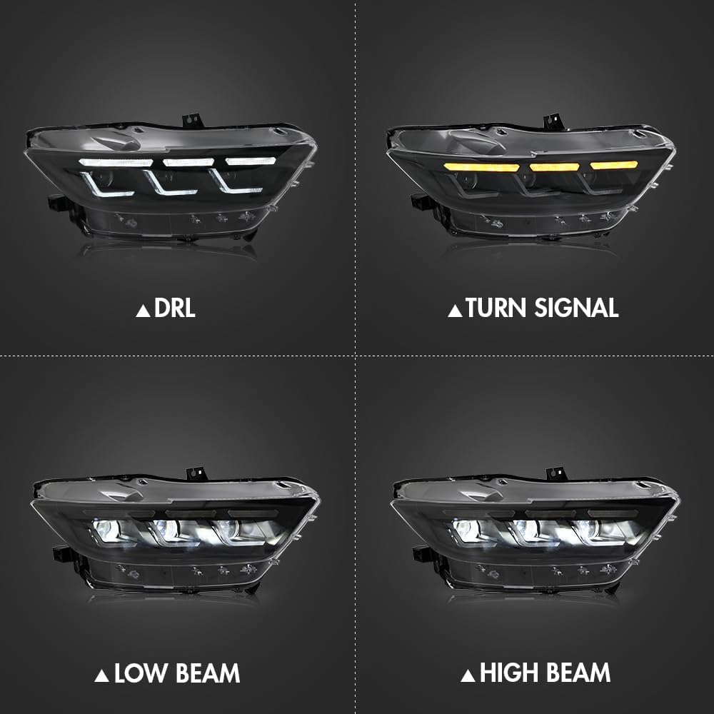 Headlights for 2015-2017 Ford Mustang V6/GT/GT Premium/EcoBoost/EcoBoost Premium All Mode & 2016-2020 Shelby GT350/GT350R/GT500 Headlamp Front Head Light Triple Beam