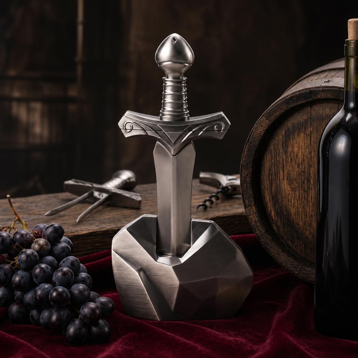 2-in-1-Weinöffner für alte und zerbrechliche Korken, Zweispitze Korkzug für gealterte Weine, Krümelfreie Korkenentfernung, Dekoratives Ornament des Schwertes im Stein.