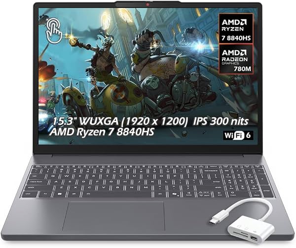 Lenovo IdeaPad Slim 3 15.3" WUXGA Pantalla Táctil Laptop, Procesador AMD Ryzen 7 8840HS, 24GB DDR5 RAM, 1TB PCIe SSD, Cámara Web Full HD, Wi-Fi 6, Bluetooth, Windows 11, Gris Luna, con Hub USB, con GaLiMu