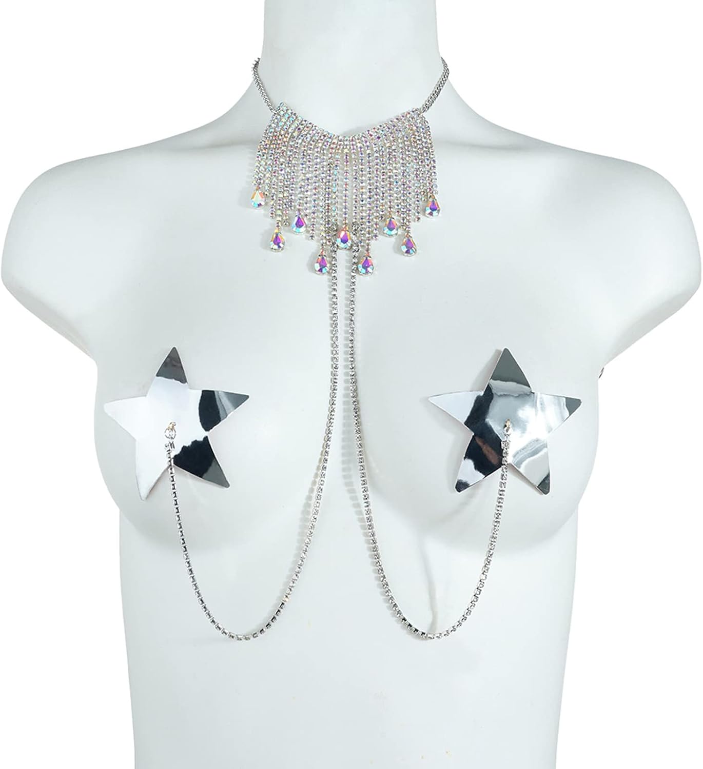 Sexy Bra Body Chain Nipple Pasties with Crystal Choker Reusable Stars Nipple Cover Stickers Tassel Choker Collar Necklace Rave Festival Body Jewelry for Women