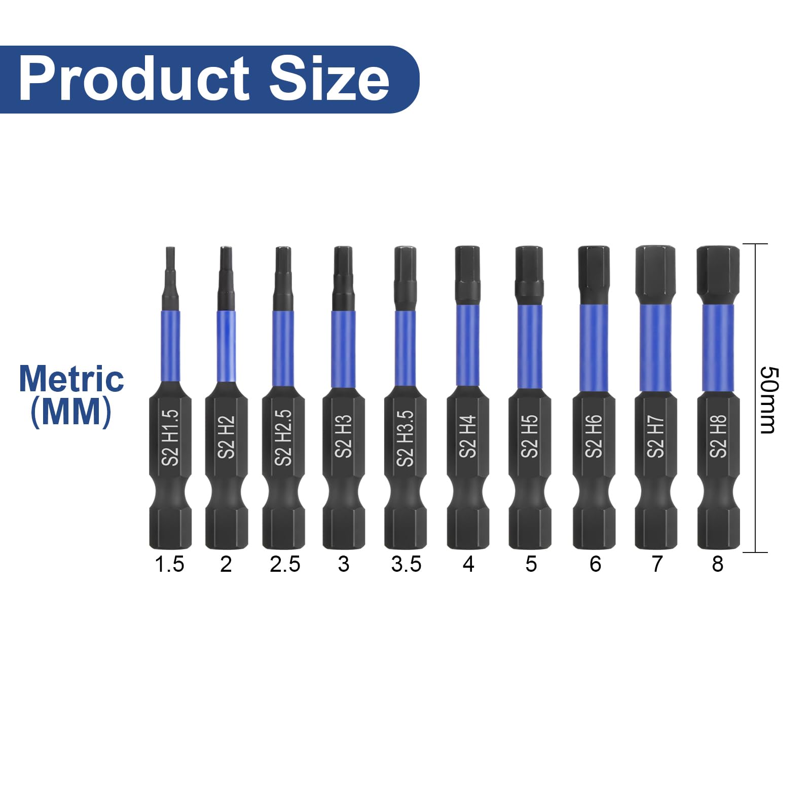 HPHOPE Impact Hex Head Allen Wrench Drill Bit Set 10 Pcs - Metric, S2 Steel Hex Bits Set, 1/4 Hex Shank with Magnetism, 50mm Long with Storage Box. - Image 2