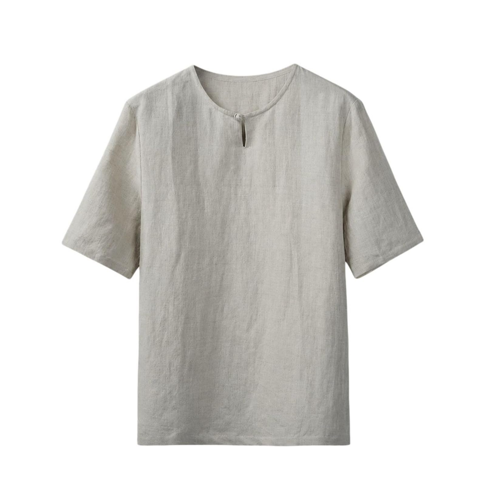 Camiseta de manga corta para hombre, estilo chino, cuello redondo, mezcla de lino y algodón, ajuste holgado, para vacaciones, uso diario e informal