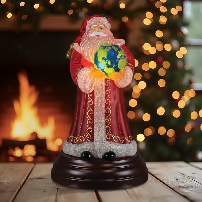 Old World Christmas World Peace Santa Lighted Figurine, Christmas Decoration with Glitter, Festive Light Up Tabletop Holiday Display