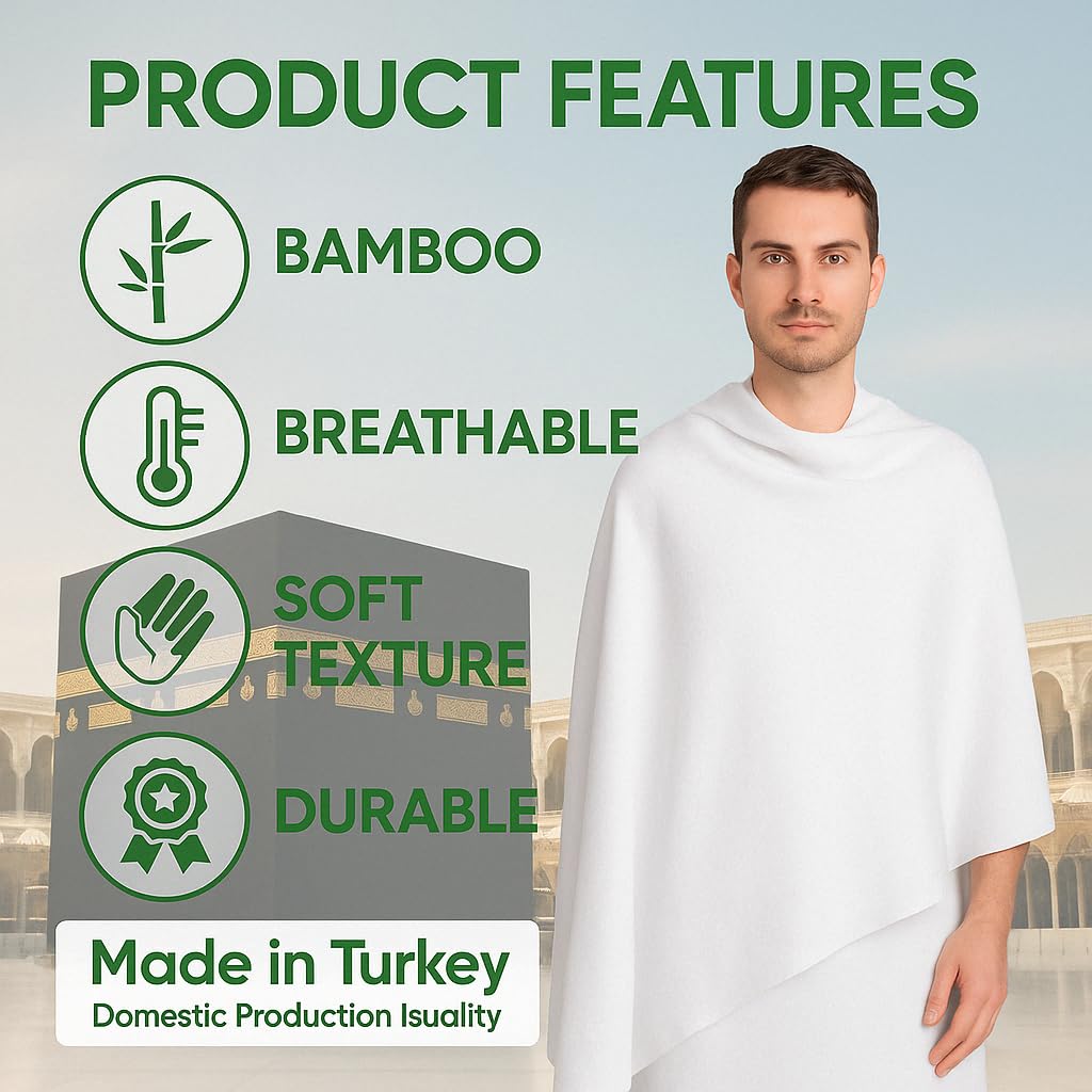 Ihram pour Homme – Ensemble de Serviettes 2 Pièces pour le Hajj et la Omra – Bambou Coton Naturel – Doux, Sans Couture – Ahram Ehram 110X220 cm (Bambou Avec Ceinture)