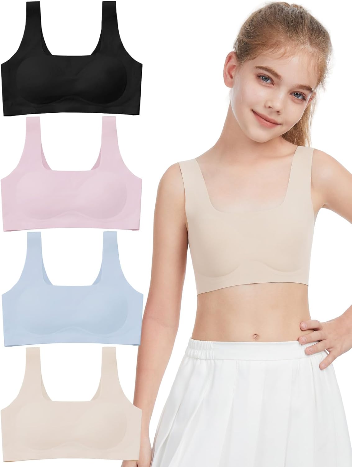 JOYTREE Girls Training Bras for Girls 8-14 Seamless Comfortable Sports Bra with Soft Removable Padding Bras Multipack