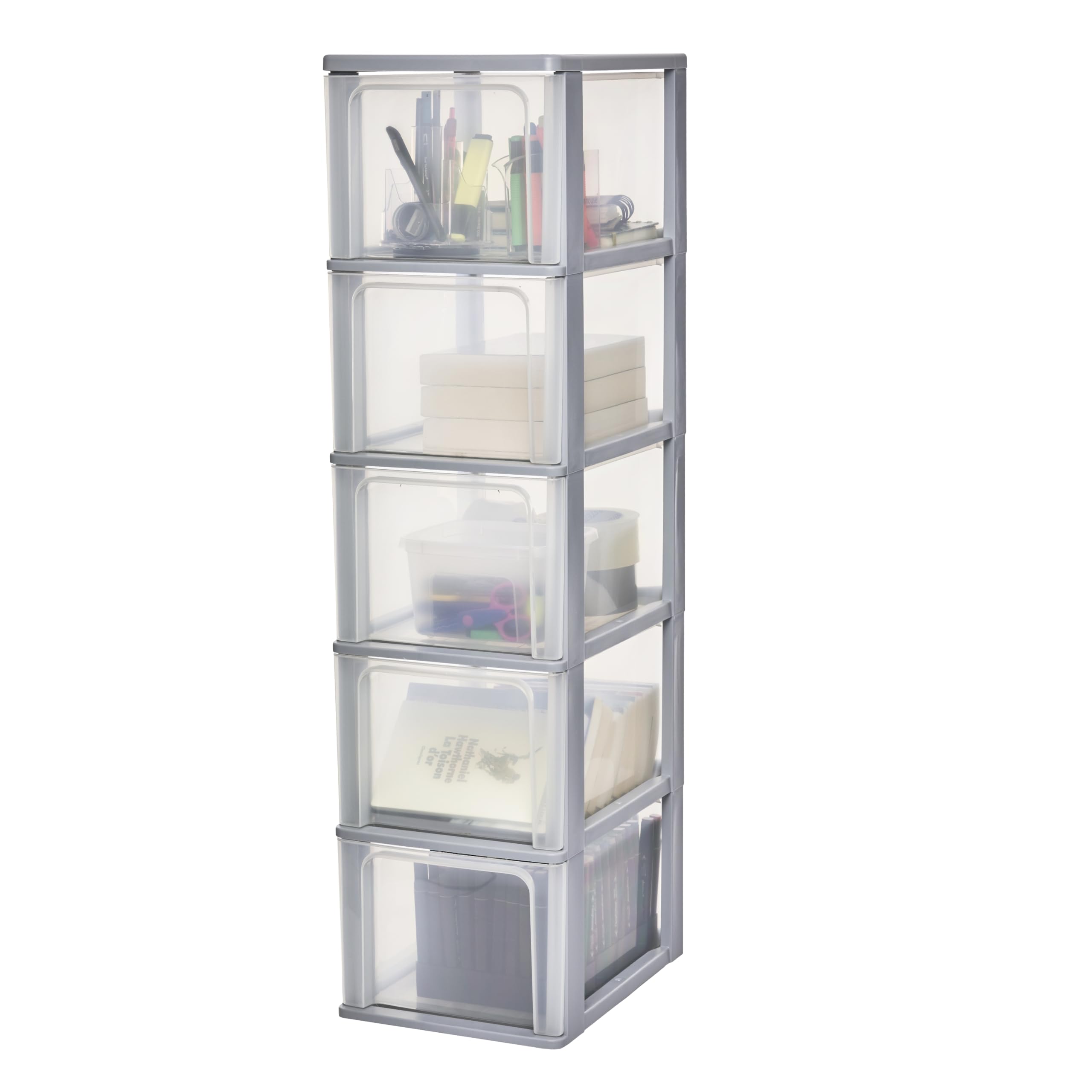 Iris Ohyama Cassettiera in Plastica, Portaoggetti, 5 Cassetti Grandi, Grigio, Apertura Facile, Formato A4, A5 e A6, Organizzatore, Per Ufficio, Scuola, Cartoleria, Senza BPA, Contenitore, OCH-2500