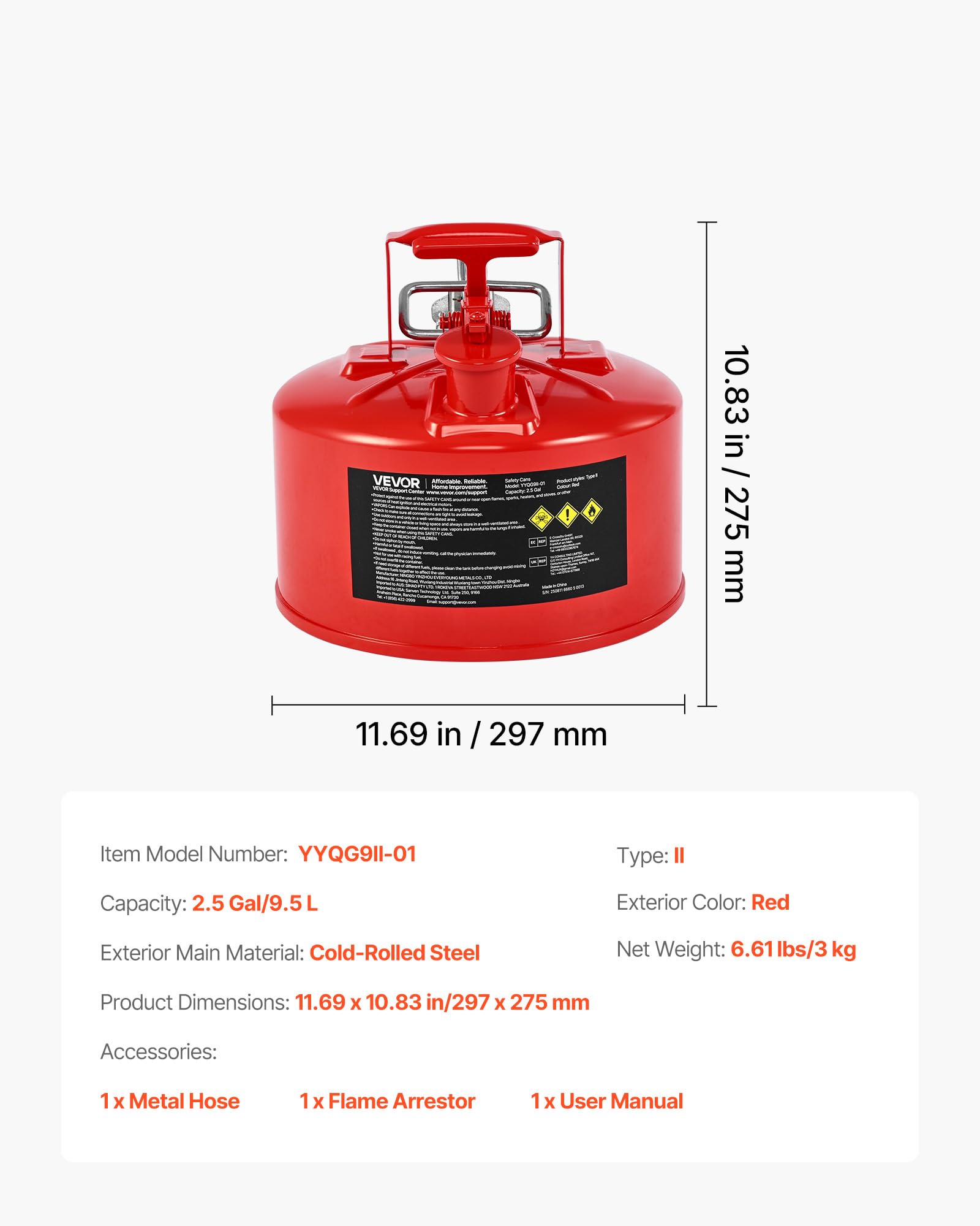 VEVOR Sicherheitskanister, 9,5 L, Typ II, Sicherheitsbehälter mit Flammensperre, selbstschließendem Deckel und flexiblem Metallausguss, Lagerbehälter zur Aufbewahrung für brennbare Stoffe, Rot