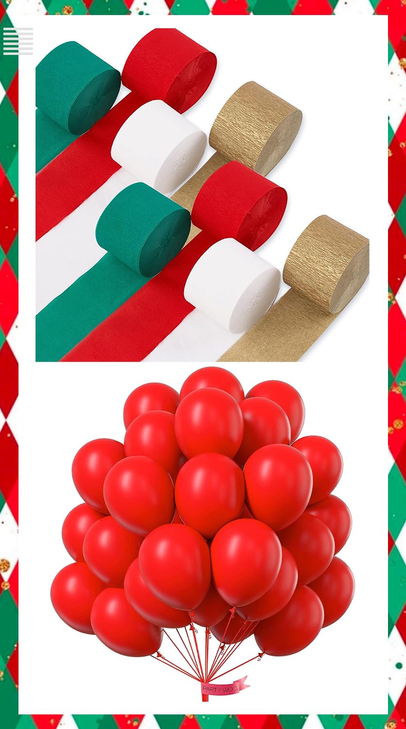 PartyWoo Red Balloons 50 pcs 12 Inch and Crepe Paper Streamers 8 Rolls for Christmas Decorations