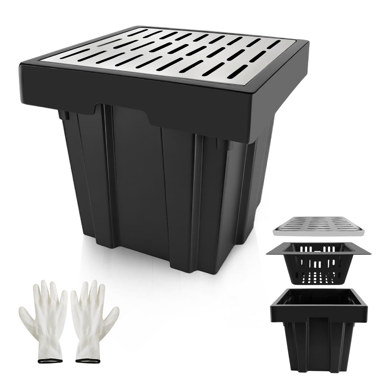 Photo 1 of 18x18x15 Inch Catch Basin with Stainless Steel Grate, Large Drainage Basin with Debris Basket, French Drain Basin Without Reserved Hole for Yard, Patio, Downspout, Commercial, Municipal Pipeline, Lawn