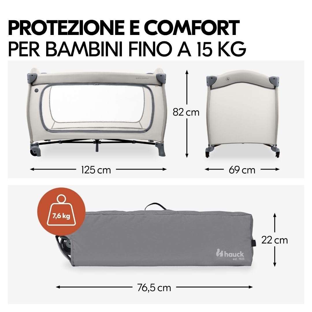 hauck Lettino da Viaggio Sleep N Easyfold con Materasso e Zanzariera, Lettino Pieghevole per Neonati con Ruote, Apertura Laterale e Borsa Trasporto, Dark Grey