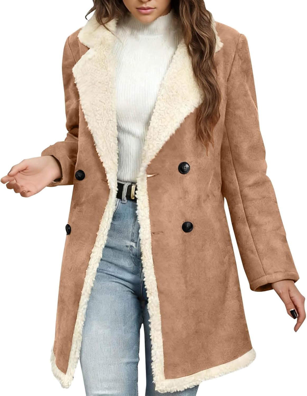 Womens Faux Suede Long Jackets Sherpa Lined Coats Notch Lapel Double Breasted Fleece Fur Leather Winter Warm Overcoats