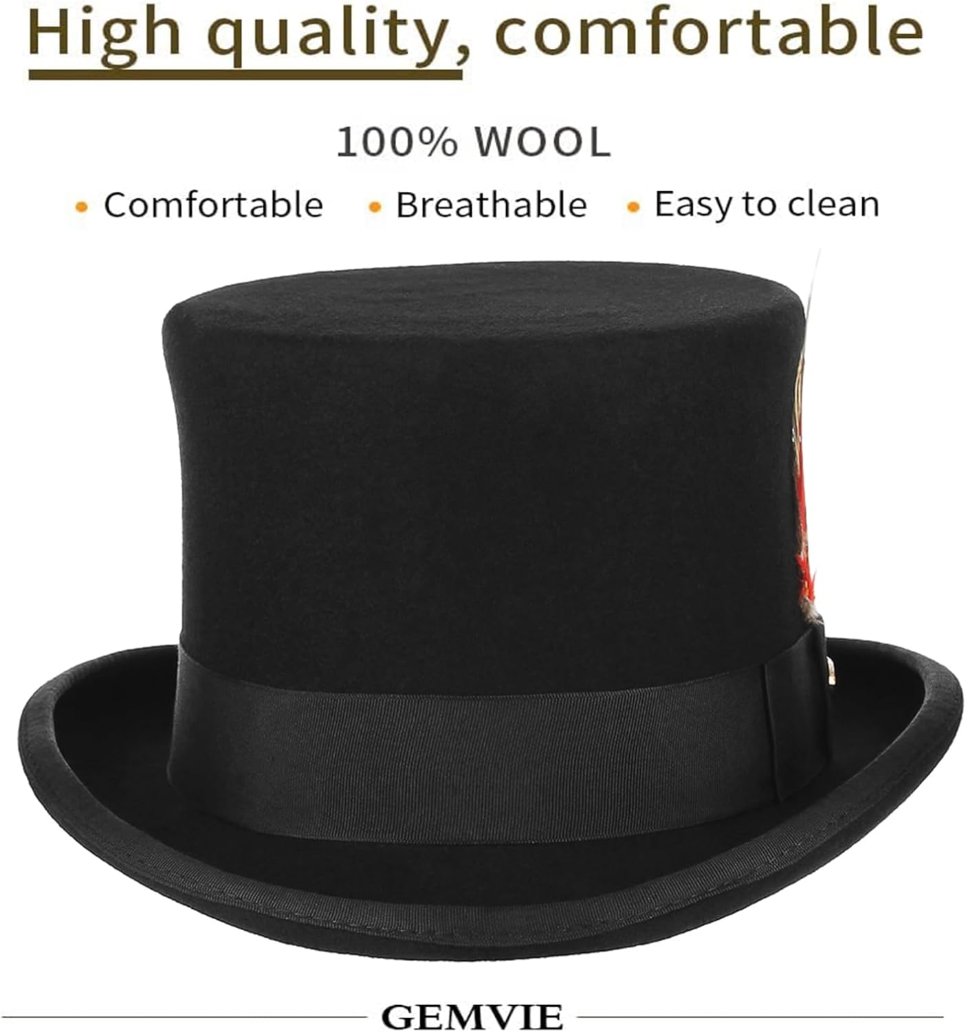 GEMVIE Men 100% Wool Top Hat Mad Hatter Satin Lined Black Low Top Hats for Party - Image 2