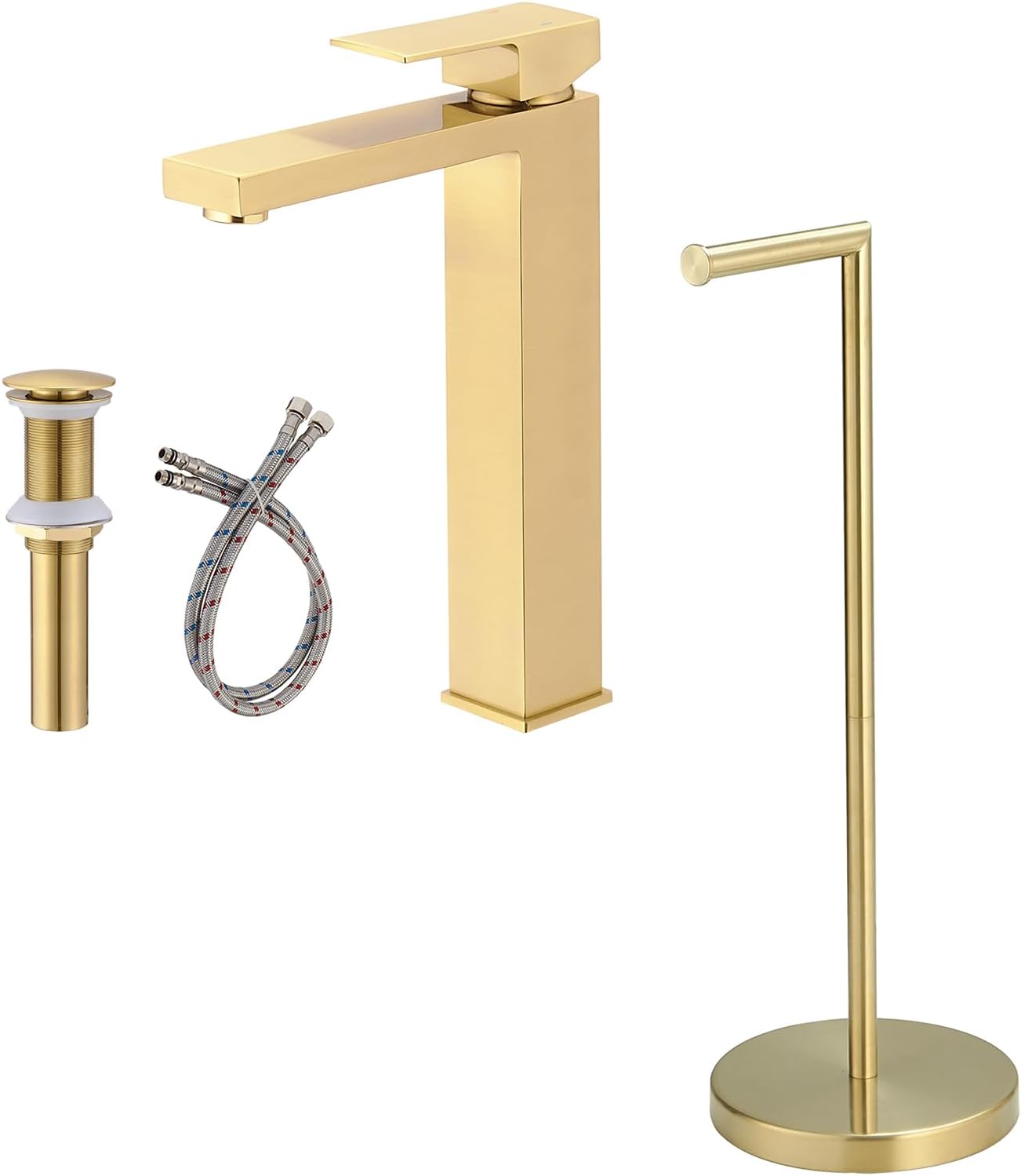 Badezimmer-Armatur In Gebürstetem Gold – Wasserfall-Auslauf, Einloch-Montage, Mit Pop-Up-Ablauf, Aus Massivem Messing
