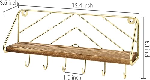 Miniatura 3 de MyGift Estante organizador de llaves de pared de latón de 12.4 pulgadas, estante decorativo de madera flotante para entrada montado en la pared con
