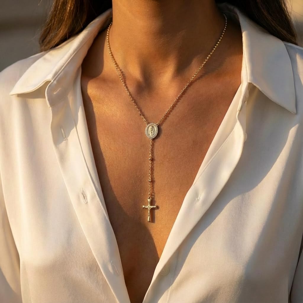 Religious Necklace for Women, 14K Gold Plated Virgin Mary Pendant Necklace with Cross, Cubic Zirconia Diamond Religious Jewelry, Catholic Christian Gifts for Women, Baptism First Communion Gifts