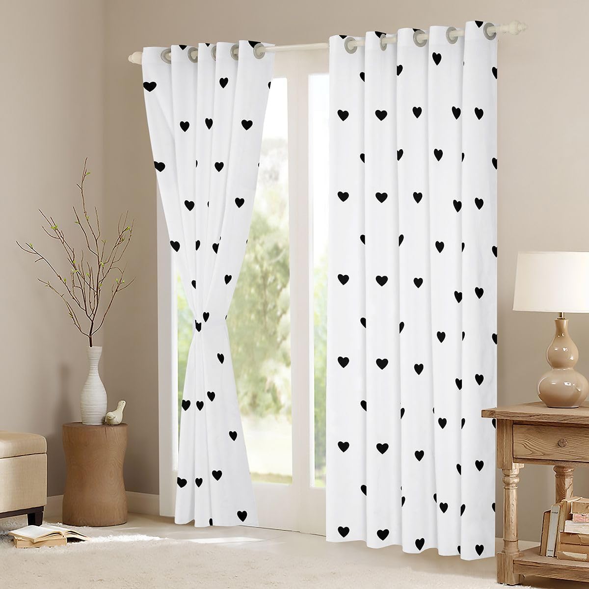 Erosebridal White Black Darkening Curtains Cute Heart Pattern Blackout Curtains Girly Cartoon Love Geometric Window Drapes 42"x63",2 Panels Kids Girls Boys Teens Bedroom Decor Window Treatments