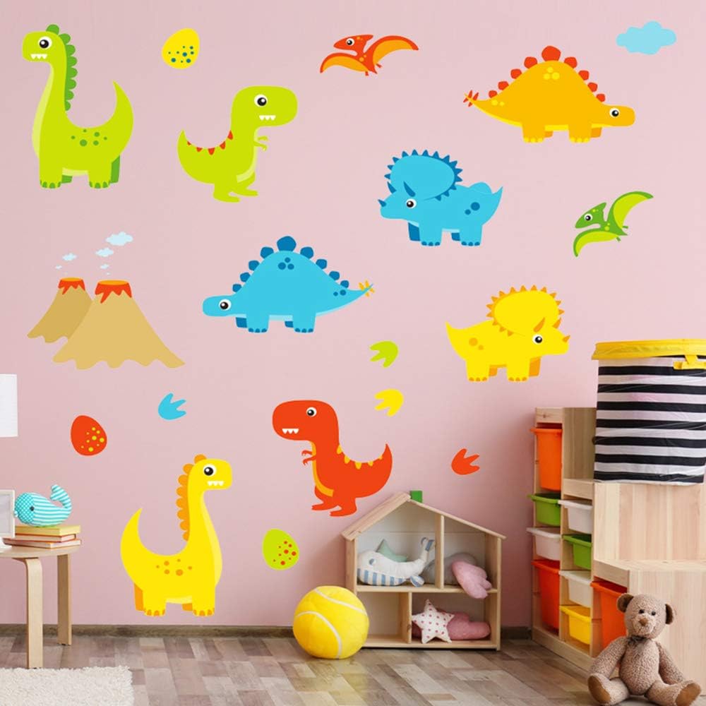 Cute Cartoon Dinosaur Wall Decals, Peel and Stick Colorful Wall Art Mural for Kids Bedroom,Nursery, Classroom & More,17.7 x23.6inch image 2