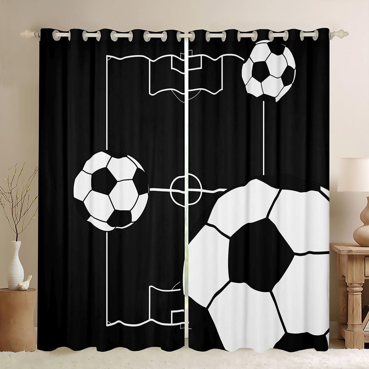 Homewish Football 46 x 72 Inch Blackout Curtains for Living Room - Sports Themed Black Curtains Eyelet for Teens Boys Bedroom Dorm - Football Pitch Design Darkening Window Drapes 2 Panels โ image 1