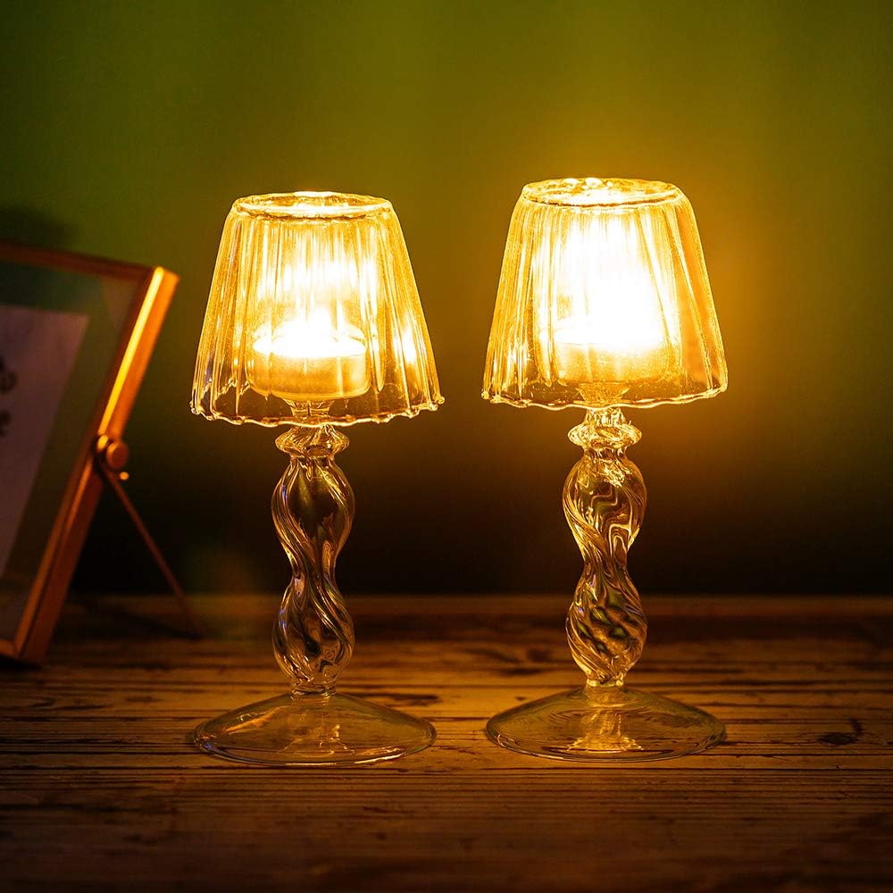 Sziqiqi 2Pcs Lamp Shape Glass Tealight Holder, Crystal Candle Holders Centerpiece, Party Wedding Dinner Coffee Hone Decoration, Lamp Shape