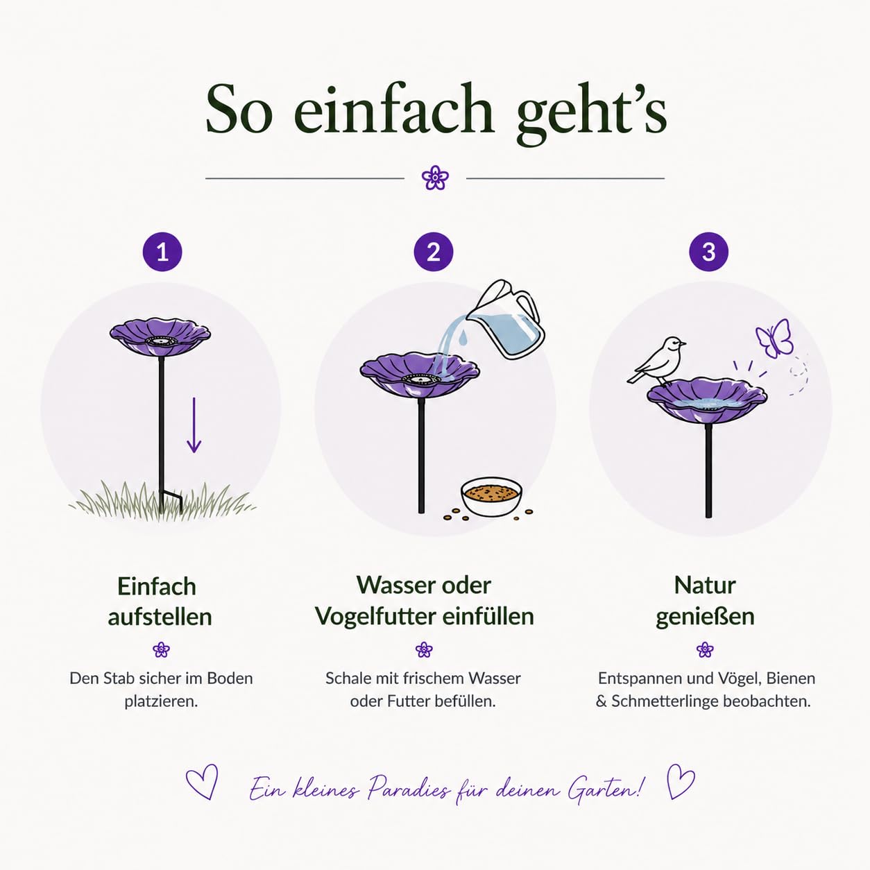 Vogeltränke Blume mit Gartenstecker aus Metall, Ø 5.1 inch,dekorative Bienentränke & Insektentränke für Garten, Balkon und Terrasse, wetterfest, 4 Farben (Lila+Gelb)
