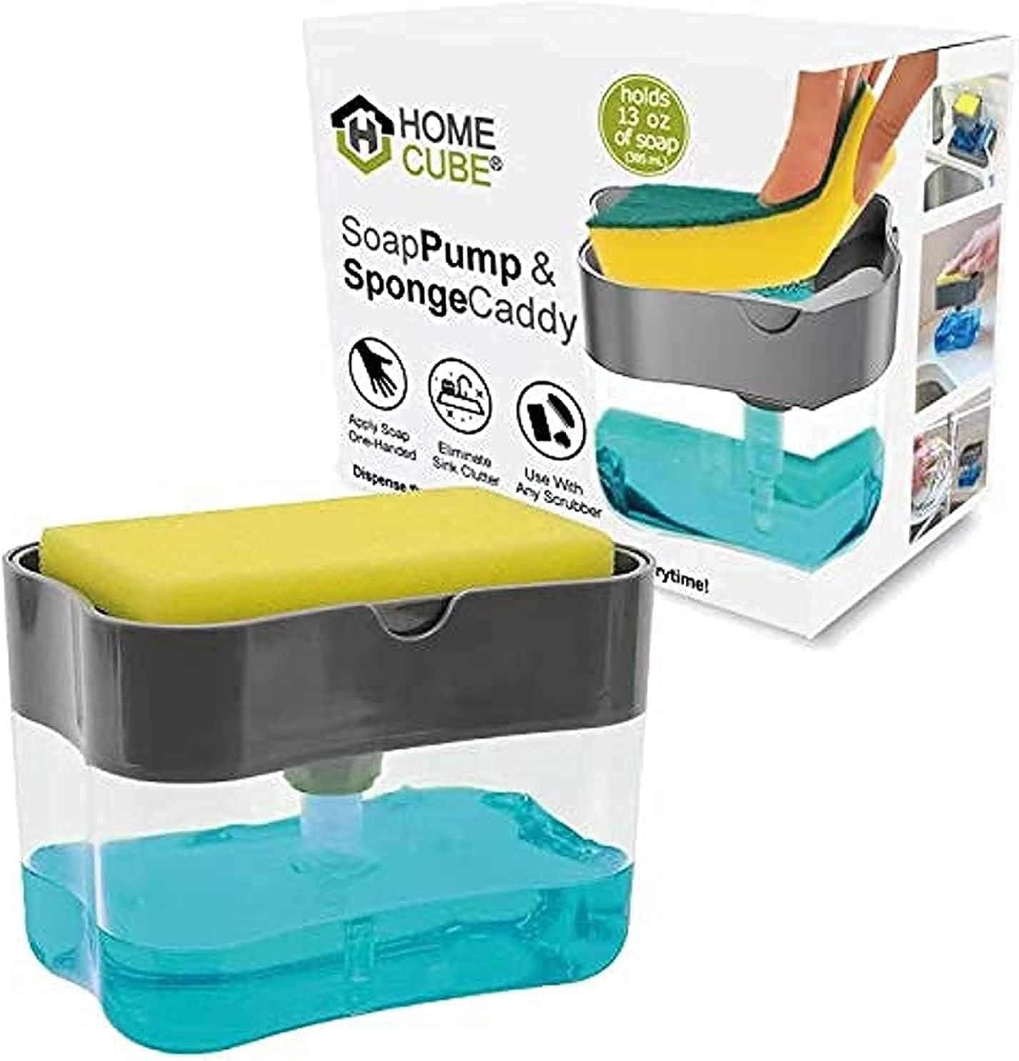 HOME CUBE 2 in 1 Soap Pump Plastic Dispenser for Dishwasher Liquid; Holder (Clear Bottom Stand 385ml) Free Sponge