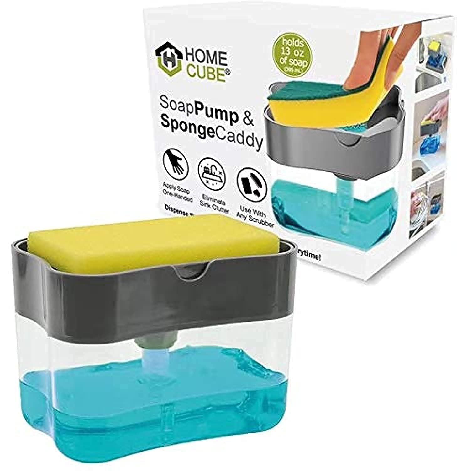 HOME CUBE 2 in 1 Soap Pump Plastic Dispenser for Dishwasher Liquid; Holder (Clear Bottom Stand 385ml) Free Sponge