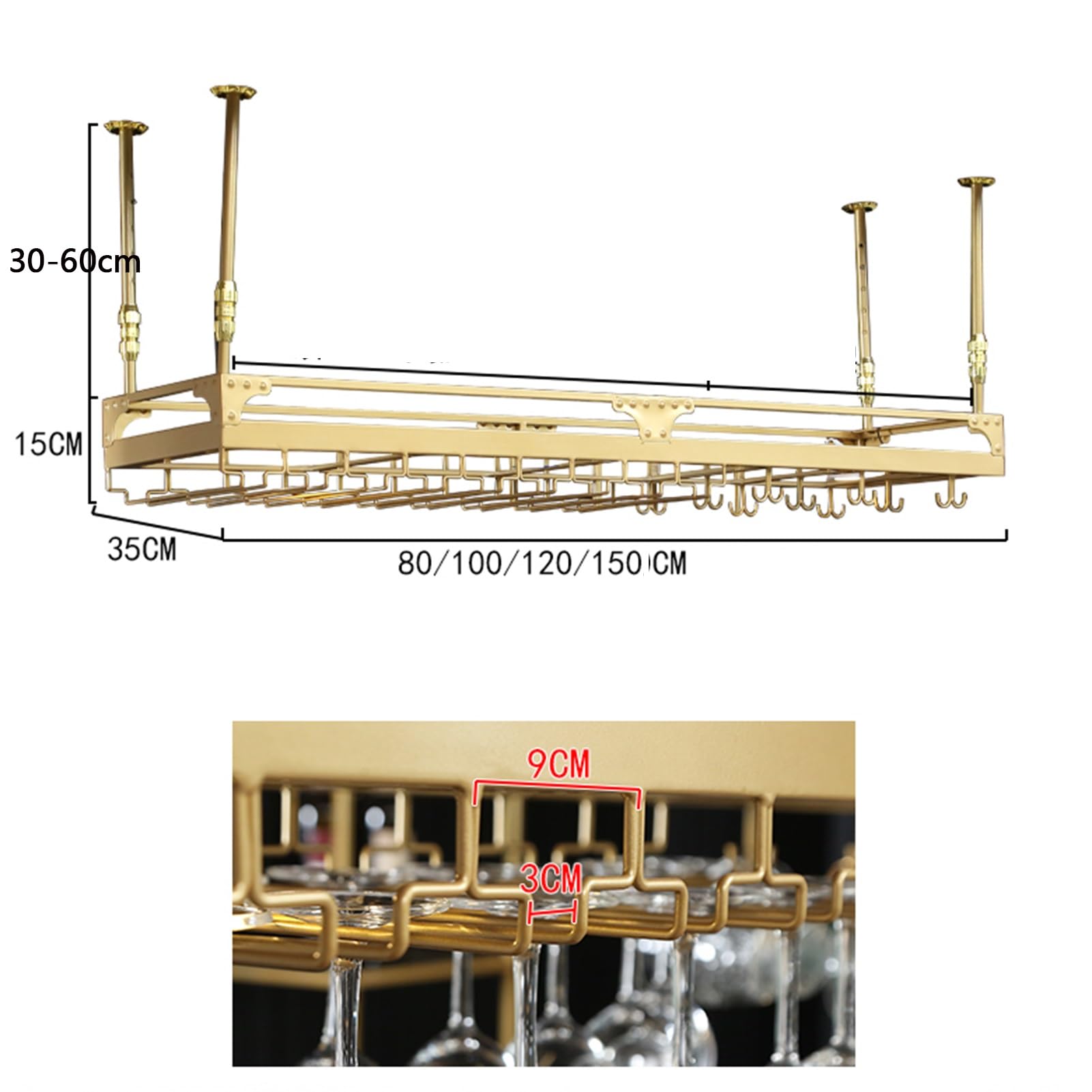 HDDNMLOH Adjustable Height European Style Metal Ceiling Wine Bottle Rack for Living Room Bookshelf and Restaurant Storage Wrought Iron Hanging Wine Rack with 1 Layer (B100 * 35cm)