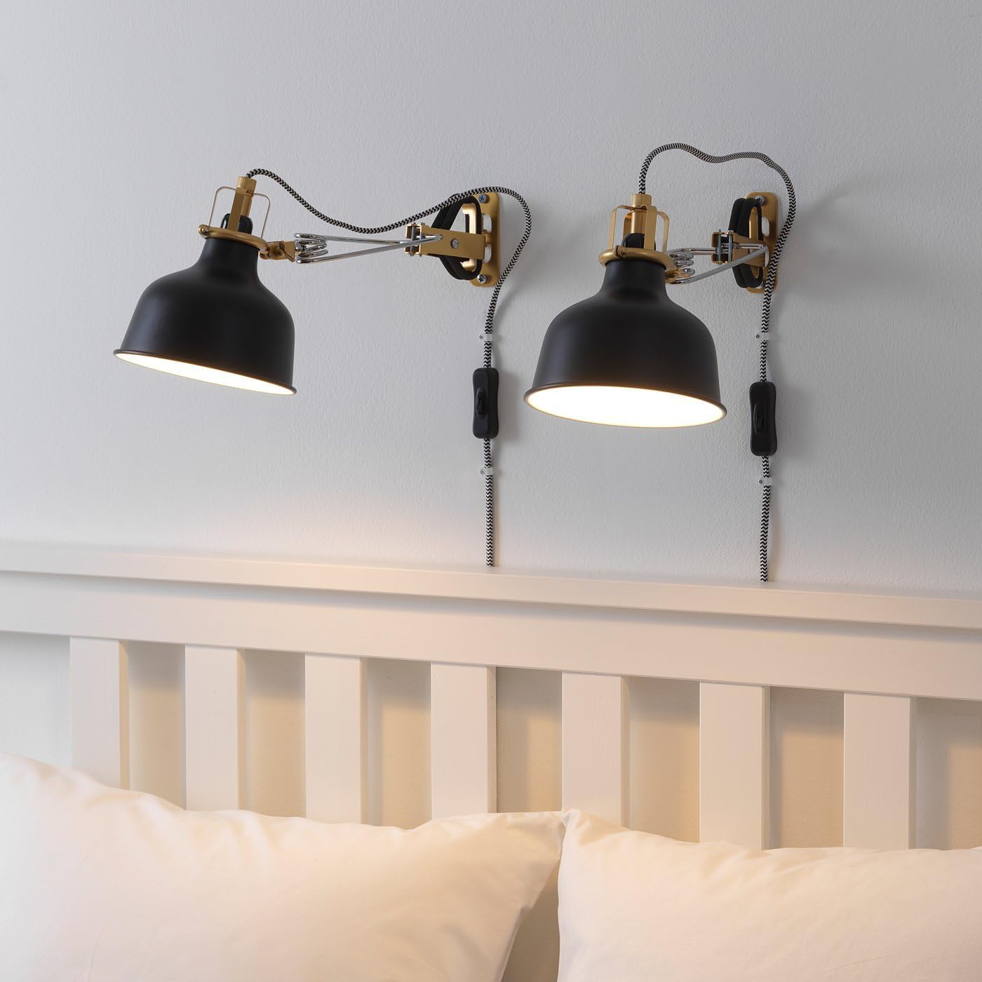 Wall Mount Clamp Spotlight, Black or Ivory, Steel Construction, 6 Inch Shade, Adjustable Head, Vintage Style, 138 Inch Cord (Black)