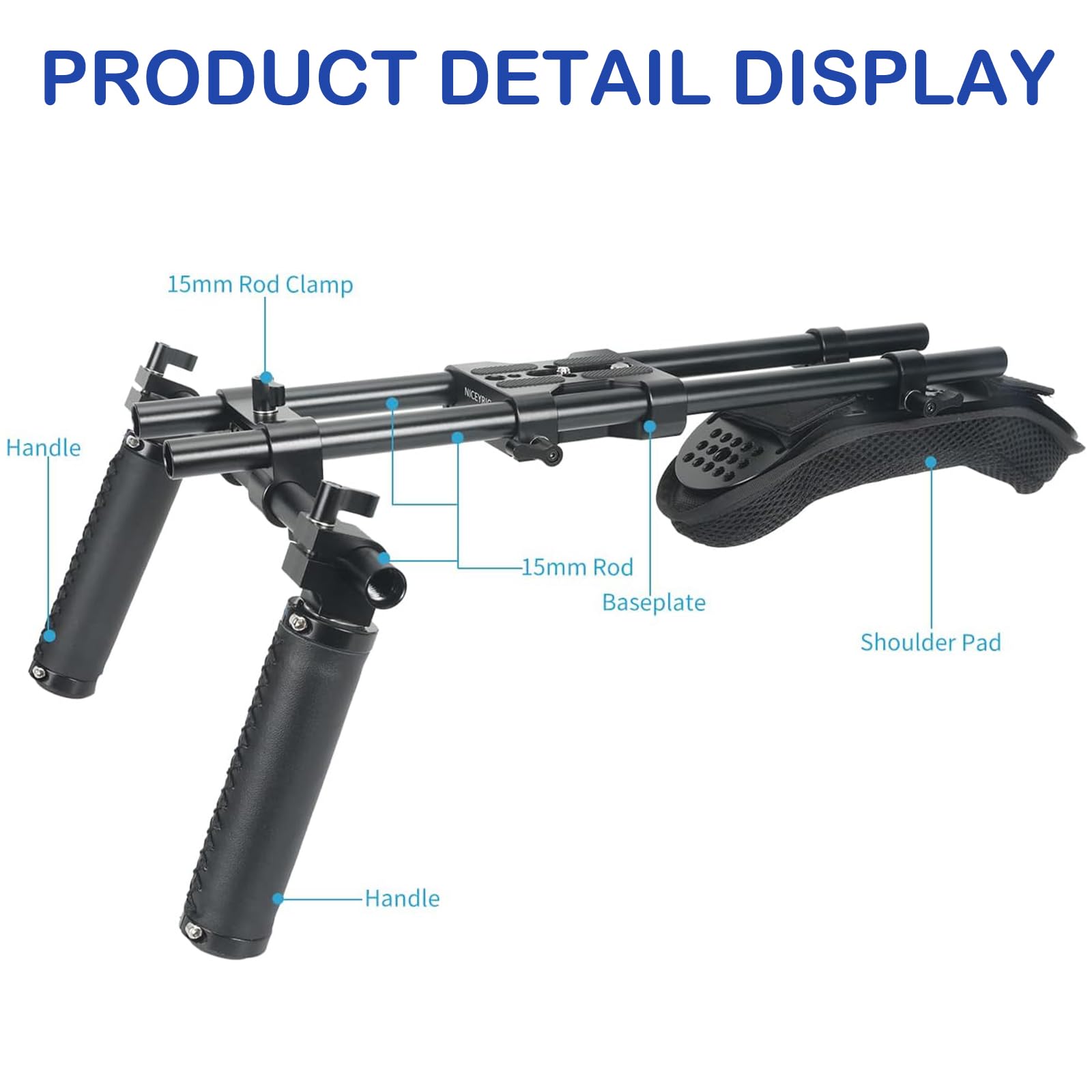 NICEYRIG Sistema di supporto per spalla 15 mm, per videocamere DSLR Cinema, supporto a spalla con piastra di base, asta in lega di alluminio da 15 mm, set di maniglie - 435