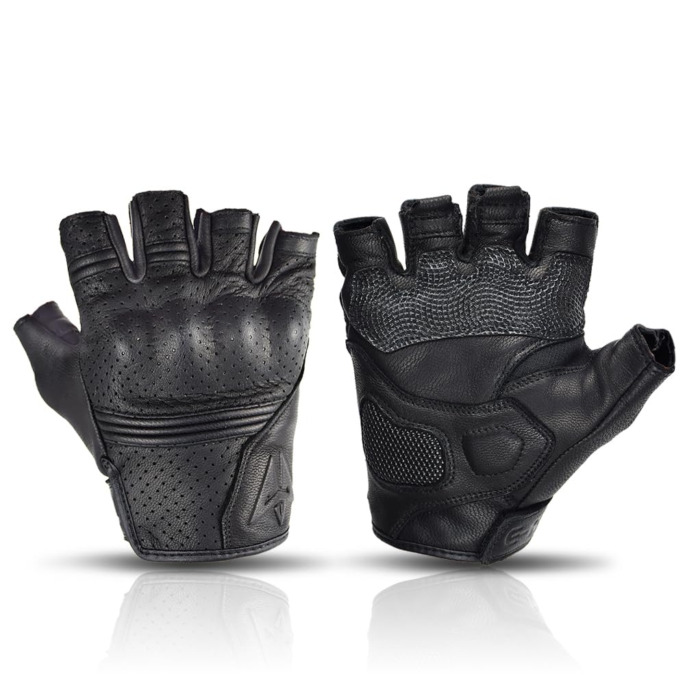 Gants moto sans doigts en cuir rétro noir taille M pour été