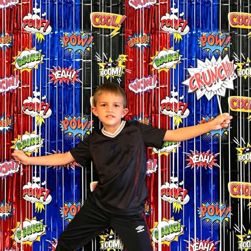 Image of Hero Foil Fringe Curtains Backdrop Birthday Party Decorations, 4 Pack 3.28 x 6.56 Ft Red Blue Black Foil Fringe Curtain Tinsel Streamer Photo Booth Props Hero Themed Birthday Party Supplies Favors