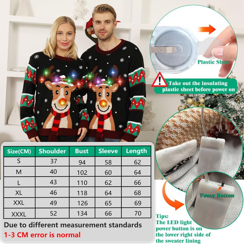 Ugly Christmas Sweater LED,Weihnachtspullover Damen Herren,hässlich Weihnachtspullover Familie witzig,lustiger Weihnachtspullover mit Licht,Rentier Weihnachtspulli für Familien/Frauen/Männer Rot L