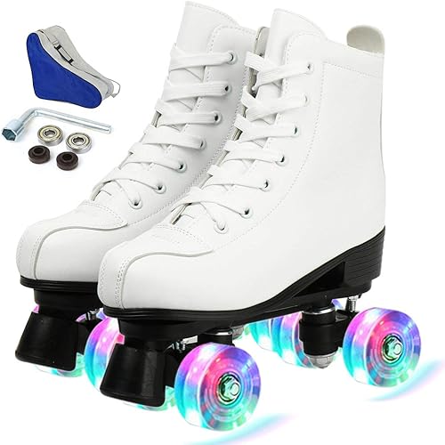 Patines de piel sintética para mujer, con parte superior alta y bolsa de transporte, patines brillantes de cuatro ruedas