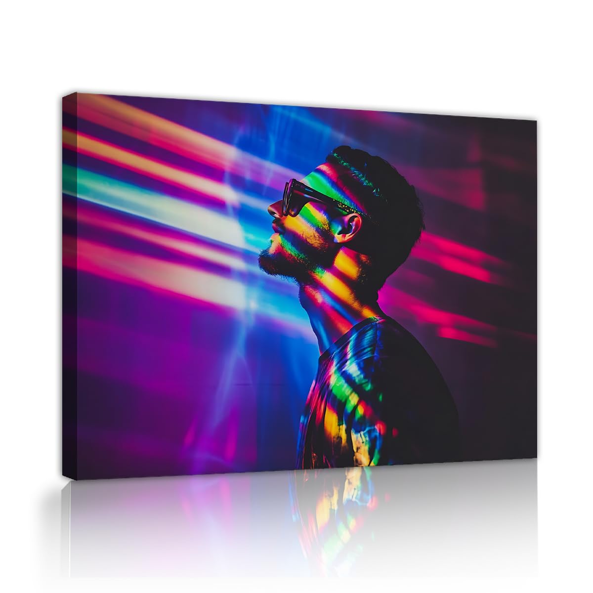 TOANGWALL Modern Man Portrait Canvas Wall Art Colorful Stripes Print Abstract Sunglasses Profile Character Framed Mural Graphic Poster Pictures for Studio Corridor Entryway Decor 85x100cm