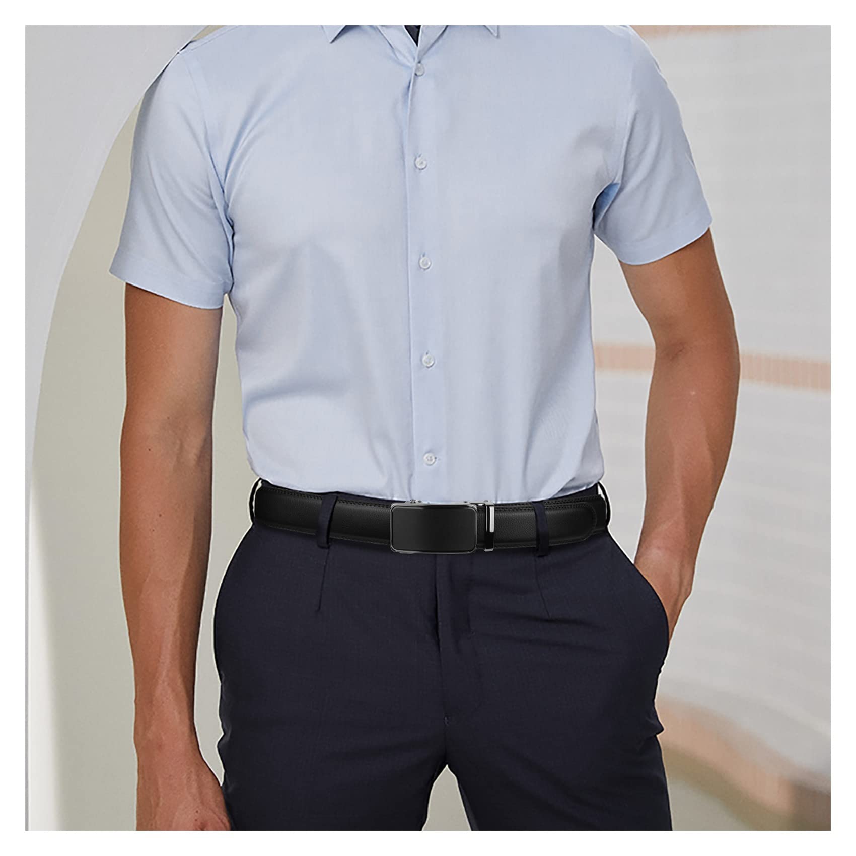 JOJOJ Cinturón de Cuero Genuino for Hombres Cinturón Ajustable con Hebilla Deslizante for Hombres(Black 2)