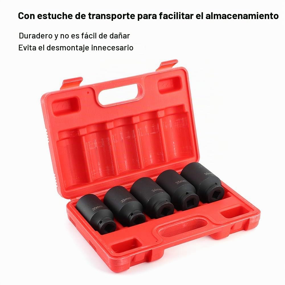 Juego de Llaves de Vaso de 12 Puntos para Eje de Transmisión, 5 Piezas, 1/2 Pulgada, con Caja de Herramientas