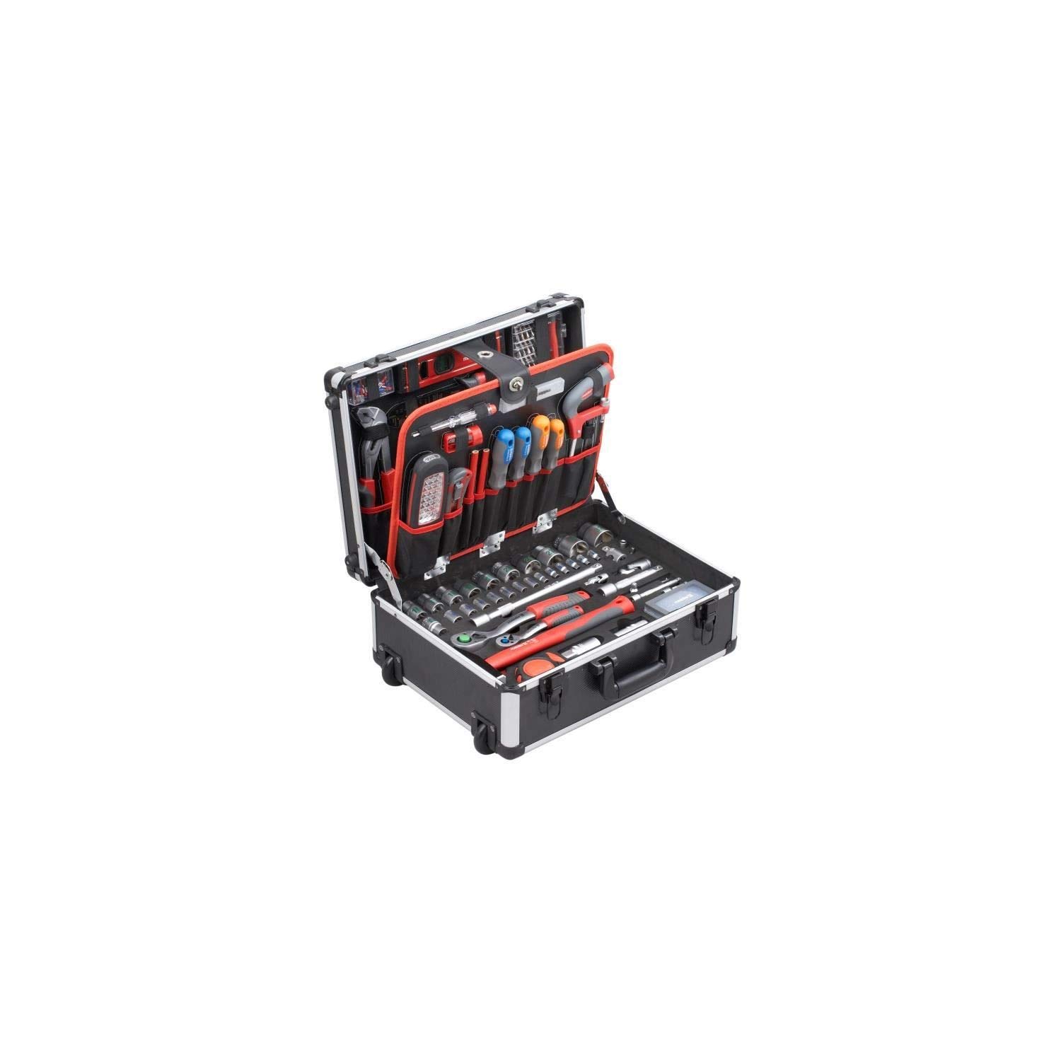 Meister Werkzeugtrolley 156-teilig - Werkzeug-Set-Mit Rollen- Teleskophandgriff/Profi Werkzeugkoffer befüllt/Werkzeugkiste fahrbar /Werkzeugbox komplett mit Werkzeug, Schwarz/Silber, 8971440 156 Teile