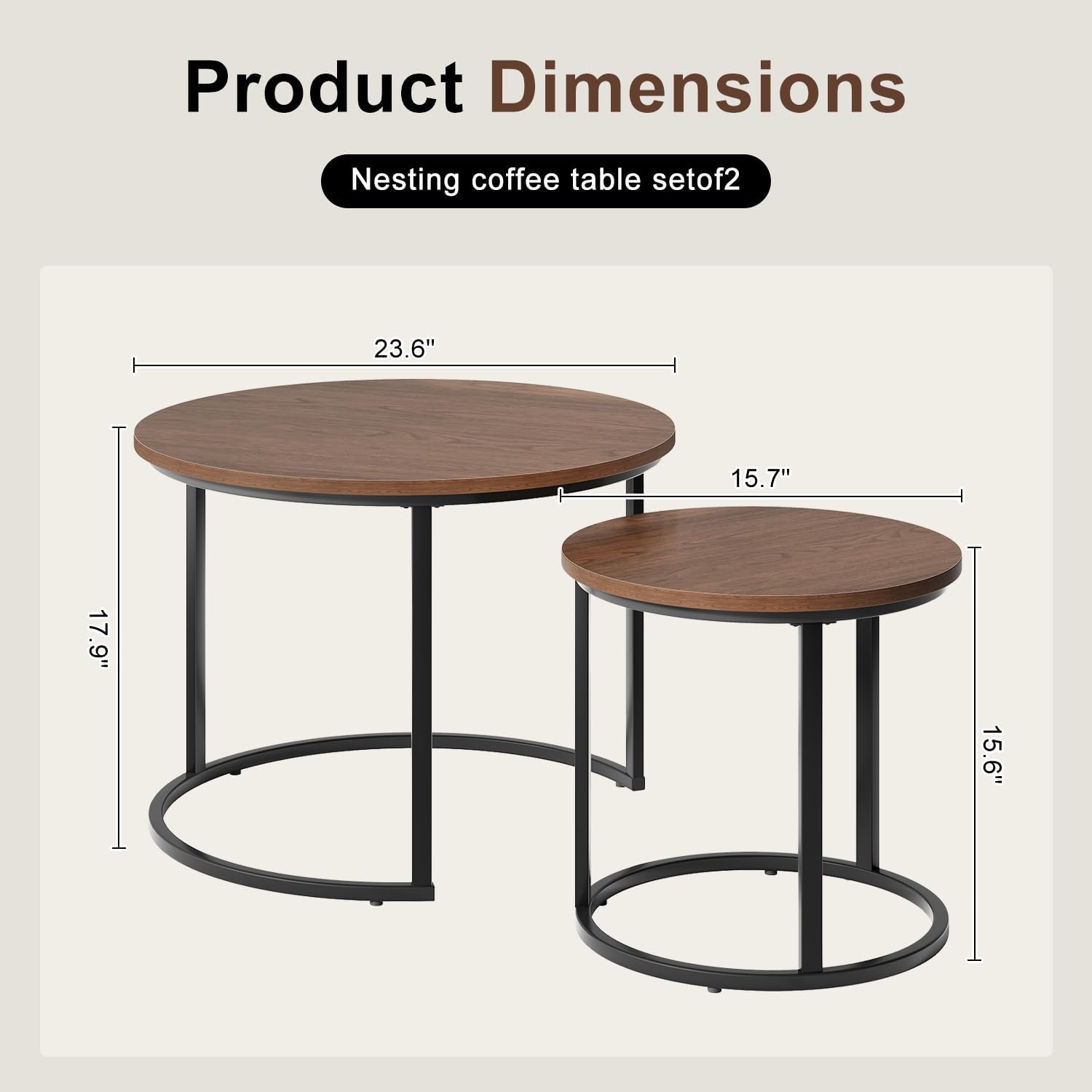 Round Nesting Coffee Table Set of 2, Modern Nesting Tables, Minimalist Stacking End Tables for Living Room Bedroom, Sturdy Metal Frame Center Table for Small Space (Wood Brown& Black)