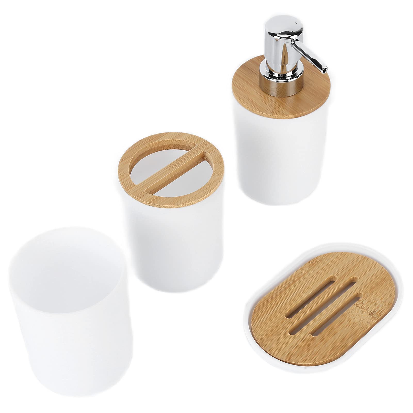 Set Accessori Bagno 4 Pezzi in Plastica Effetto Legno Bianco, Portaspazzolino Portasapone Dispenser Sapone e Tazza, Kit Portaoggetti Compatto per Bagno Casa Moderno