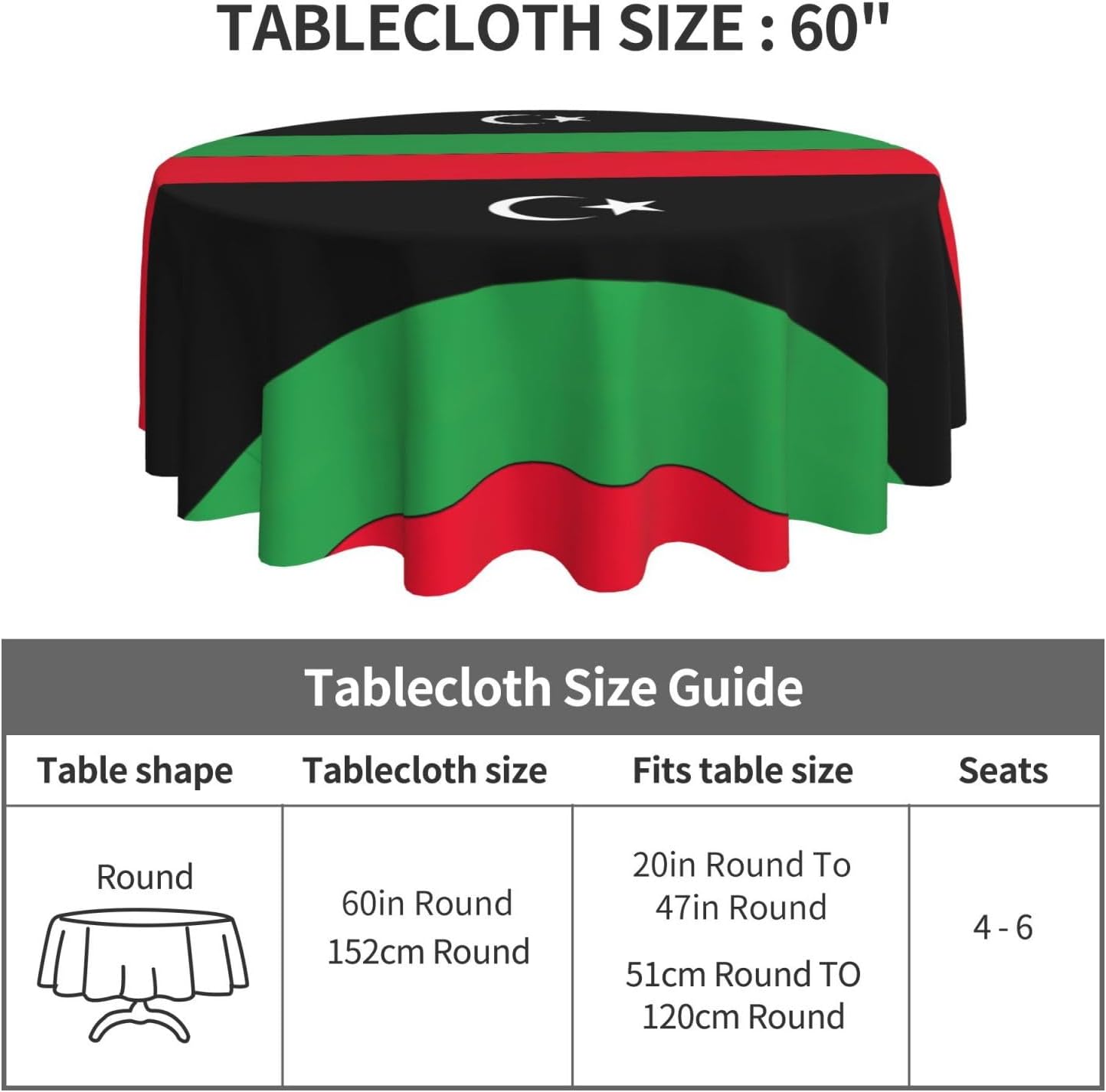 Libyan Flag Print Wrinkle Free Dining Table Cover for Birthday Party Farmhouse Tablecloths Up to 60 x 60 Inches