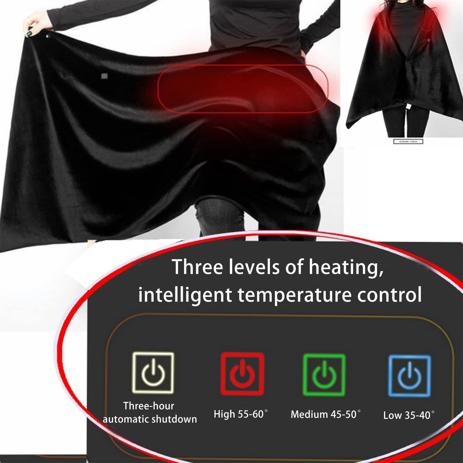 Manta eléctrica calefactada, con 3 ajustes de calefacción y 3 horas de apagado automático, con cierres de botón, para el chal calefactado de la oficina. ( Color : Black , Size : 160*60cm/63*23.6in )