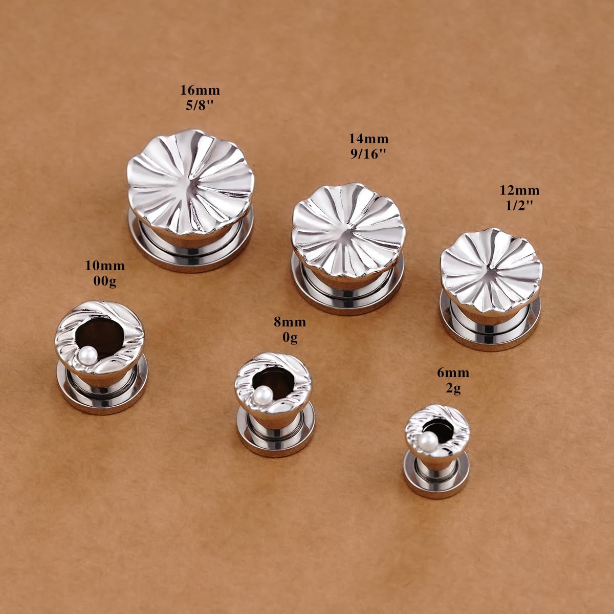2pairs Leaf Shaped Ear Gauges with Pearls Stainless Steel Ear Tunnels and Plugs Gold and Silver Ear Gagues Screw Fit Expander Stretcher Piercings