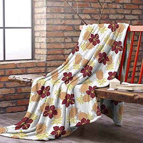 Black Blanket Pineapple Decor Collection Hibiscus and Pineapples Flower Tropical Fruits Garden Leaf Hawaiian Cheerful Design Art Burgundy Mustard W60 xL51