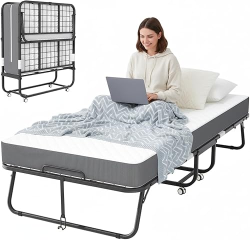 Bonusall Cama plegable con colchón, cama plegable con ruedas tamaño cuna de 75 x 31 pulgadas, espuma viscoelástica de 5 pulgadas de grosor, camas