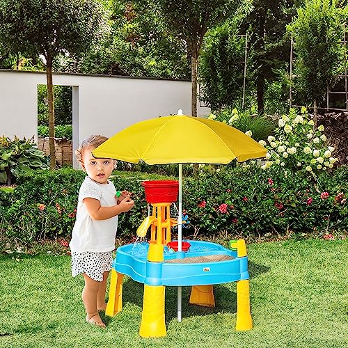 Qaba 2-in-1 Covered Sandbox Table with Umbrella for Outdoors and Indoors, 25-Piece Sand and Water Table for Toddlers, Little Kids Toys