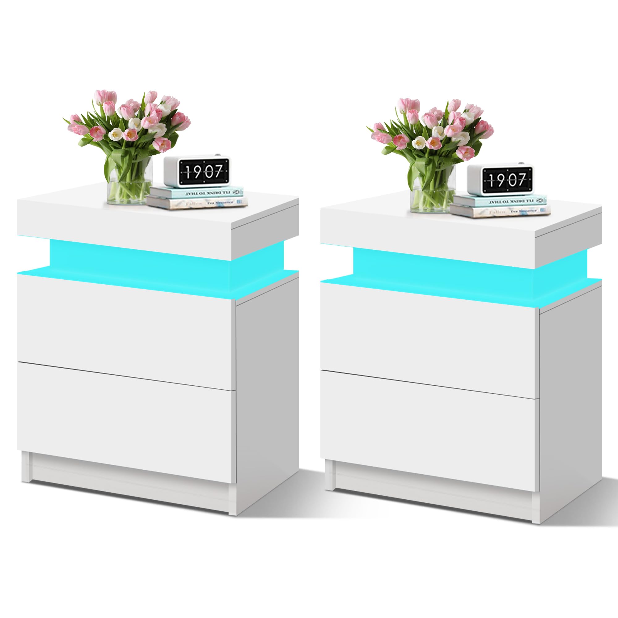 ELFORDSON LED Bedside Table with 2 Drawers, 4 Sides High Gloss Bedside Cabinet with 16 Colours, Set of 2 Side Cabinet Nightstand Bedroom Living Room Furniture White