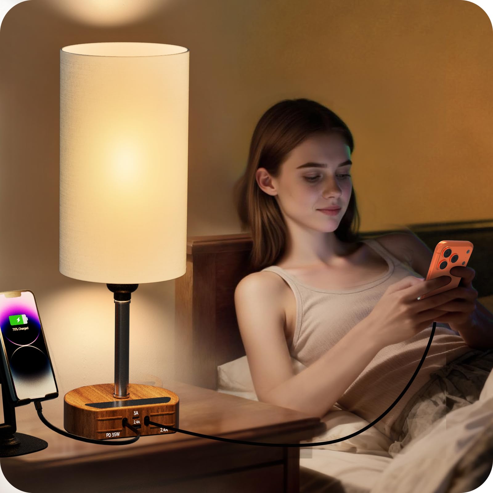 Bedside Lamp with Charging Station 74W【2*3.94ft Retractable Cords & 2 USB Ports】, 3 Way Dimmable Touch Lamps for Nightstand with LED Bulb, Desk Lamp with Charger for iPhone, iPad, Wood Base